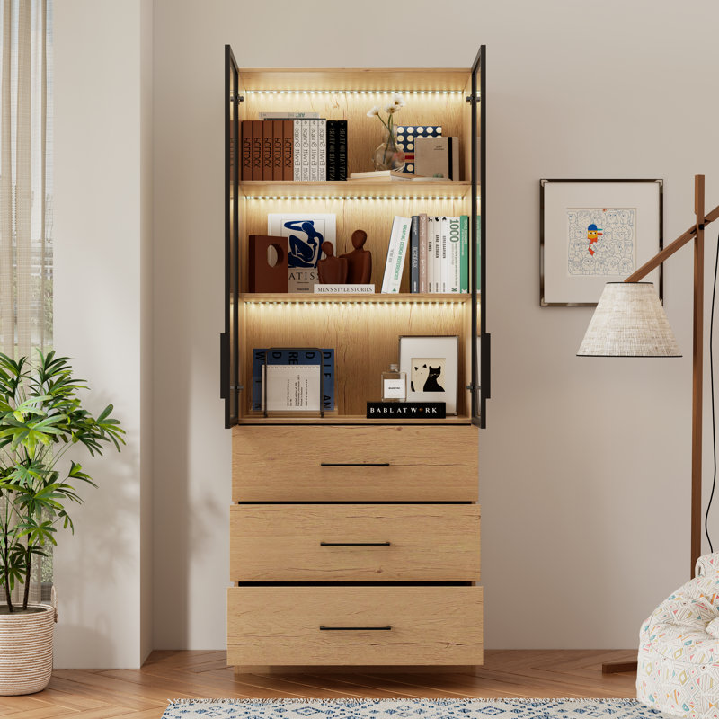 Vitrine haute 78,7 "avec porte vitrée, éclairage ambiant à DEL multicolore, grande bibliothèque à 5 niveaux avec armoire de rangement pour le salon, naturel