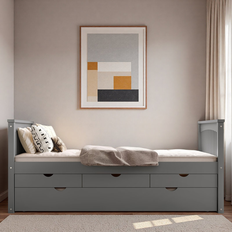 Platform Bed With 3 Drawers And Trundle, Gray