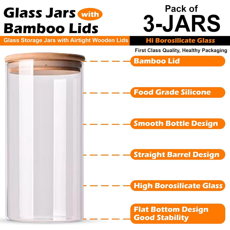 ATEK Glass Storage Jars with Wooden Lid (Set of 3)