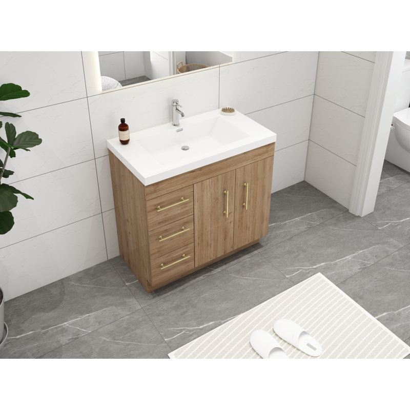 Ensemble de meuble-lavabo simple 36 po Carliss, Naturel / chêne, Or