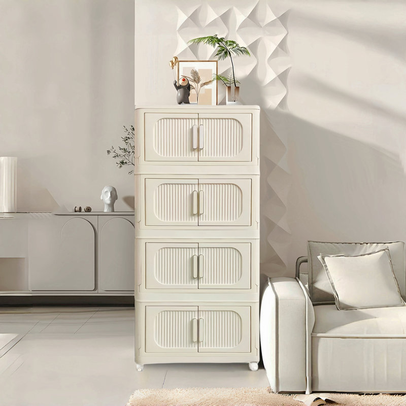 19.69" Side Wide Folding Storage Cabinet ,4 Tiers,Collapsible Storage Bins With Magnetic Door, Plastic Storage Cabinet With Wheels