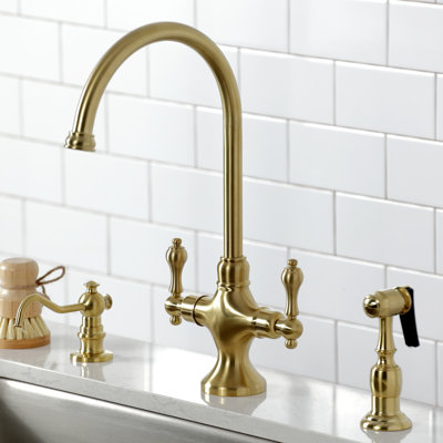 Kingston Brass Vintage Two-Handle 2-Hole Deck Mount Kitchen Faucet with Brass Sprayer