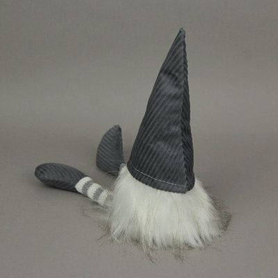 Shelf decor grey-striped plush polyester gnome sitter with weighted bottom, 13 inches high