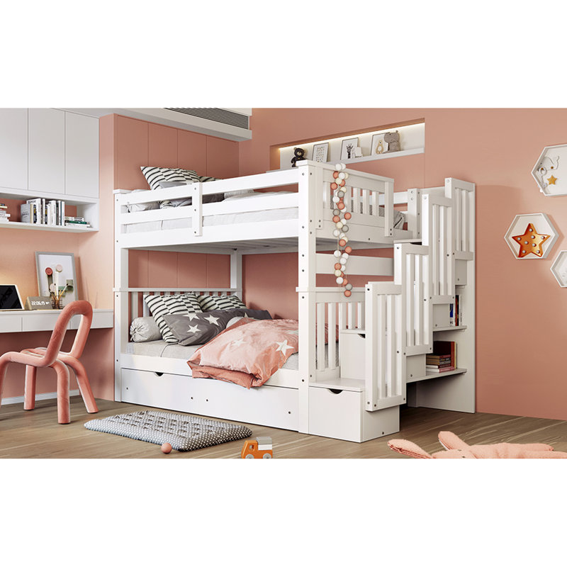 Lit double superposé au-dessus, finition blanche, tablettes et tiroirs pour une gestion efficace de l'espace, lit d'entrée supérieur sécuritaire avec escalier solide avec de grands tiroirs de rangement fonctionnels, soirée pyjama idéale, accès facile,
