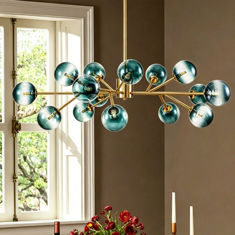 Lustre spoutnik linéaire en métal et verre 15 lumières Burness, Doré