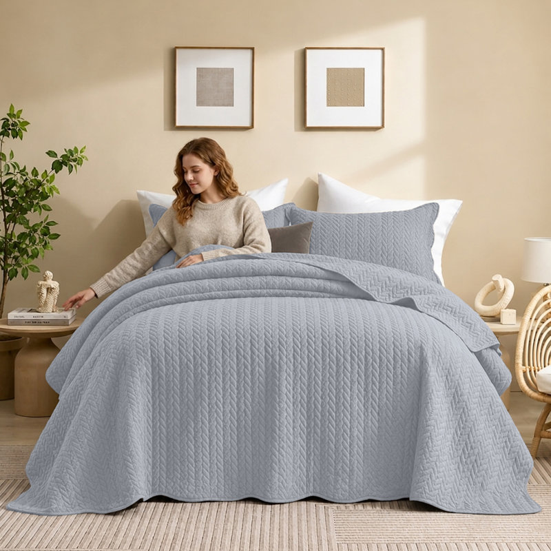 Microfiber Embossed Oversized Modern & Contemporary Bedspread Set With Shams, Silver, Twin Bedspread + 1 Pillowcase