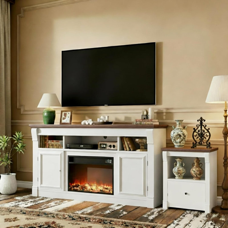 Farmhouse TV Stand, Wood and Engineered Wood Construction, 58" for TVs up to 65", Open Storage Cabinets, Media Console for Living Room（Fireplace not included）