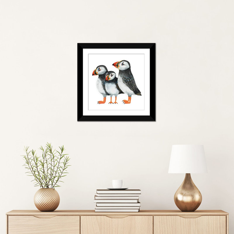 « puffins », reproduction sur toile, H 16 po x l 16 po x P 1 po, Papier avec cadre noir, Blanc