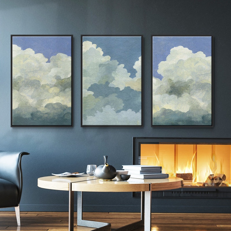Cumulus Tower I - Ensemble de 3 cadres flottants sur toile, H 36 po x l 72 po, Cadre flottant noir