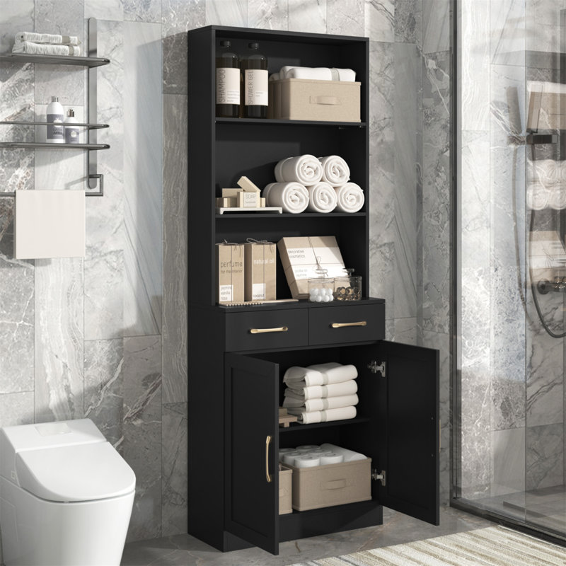 Armoire de rangement pour salle de bain avec deux portes, tiroirs, tablette réglable et tablette ouverte à trois couches, panneau de fibres à densité moyenne