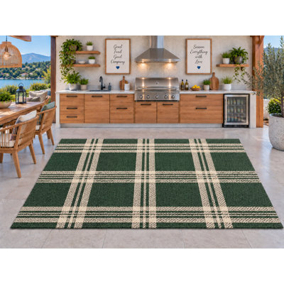 Tapis d'extérieur 5' x 7' à carreaux vert forêt et crème, épais, imperméable, en PVC bouclé, tapis de patio robuste, tapis intérieur/extérieur à séchage rapide pour cuisine, porche, terrasse, balcon, entrée.