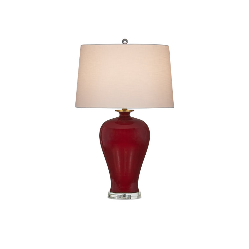 Imperial Red Porcelain Table Lamp with Off-White Linen Shade