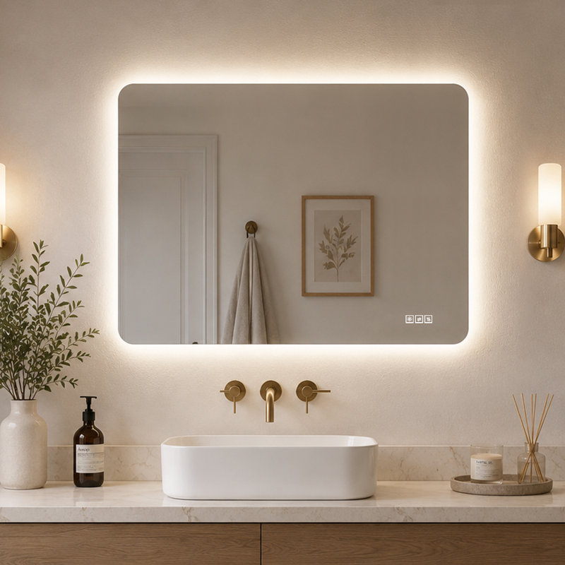 LED Bathroom Vanity Mirror with 5mm Copper Free Silver Glass 3 Color Dimmable Lighting Anti Fog Memory Function Horizontal Vertical Wall Mounted