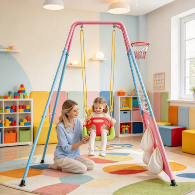 Balançoire 3 en 1 pour tout-petits avec panier de basketball et buts de soccer, balançoire bébé intérieure/extérieure avec support métallique pliable, balançoire pour enfants pour le jardin, instructions claires, facile à monter et à ranger