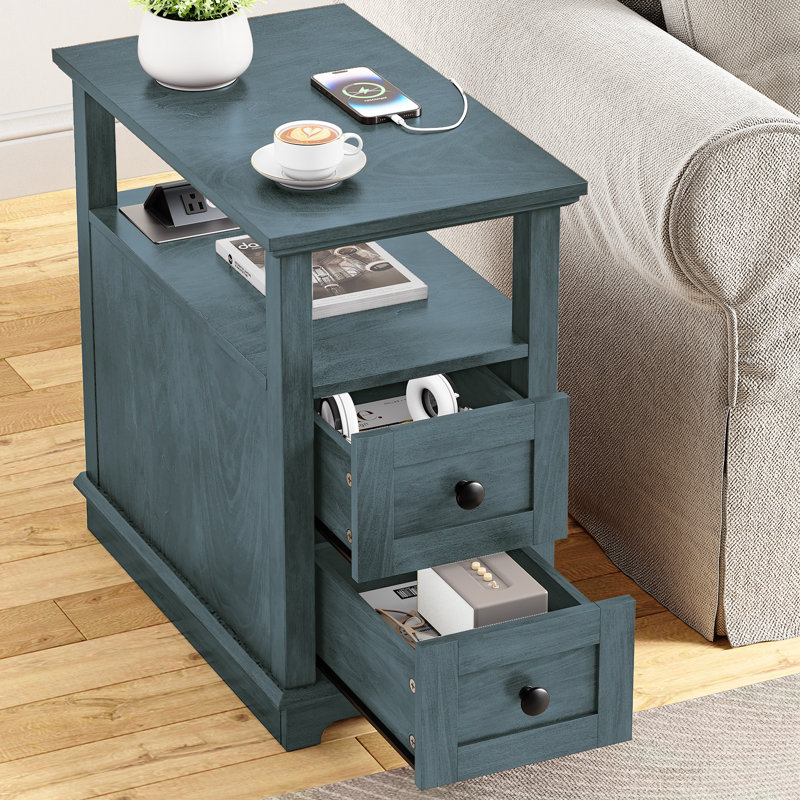 2 Drawers End Tables with Storage and Fast Charging Station for Living Room, Blue