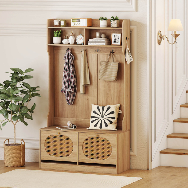 4-In-1 Hall Tree Entryway Bench with Coat Rack & Flip Drawers 6 Dual-Hook Hangers Natural, White/Natural