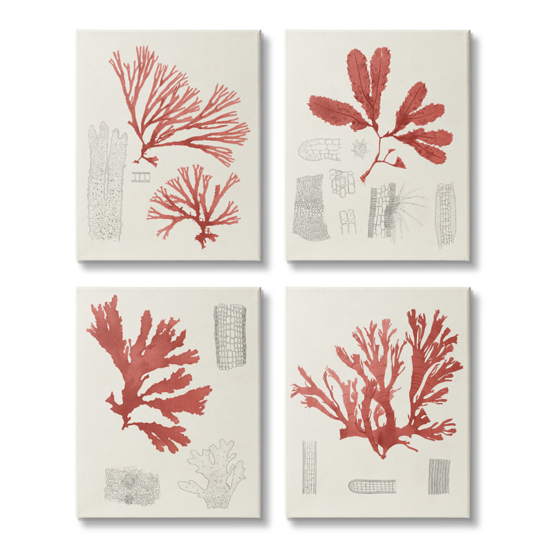 Ensemble d'illustrations texturées et giclées sur un fond de corail rouge, H 20 po x l 16 po x P 1,5 po, Toile