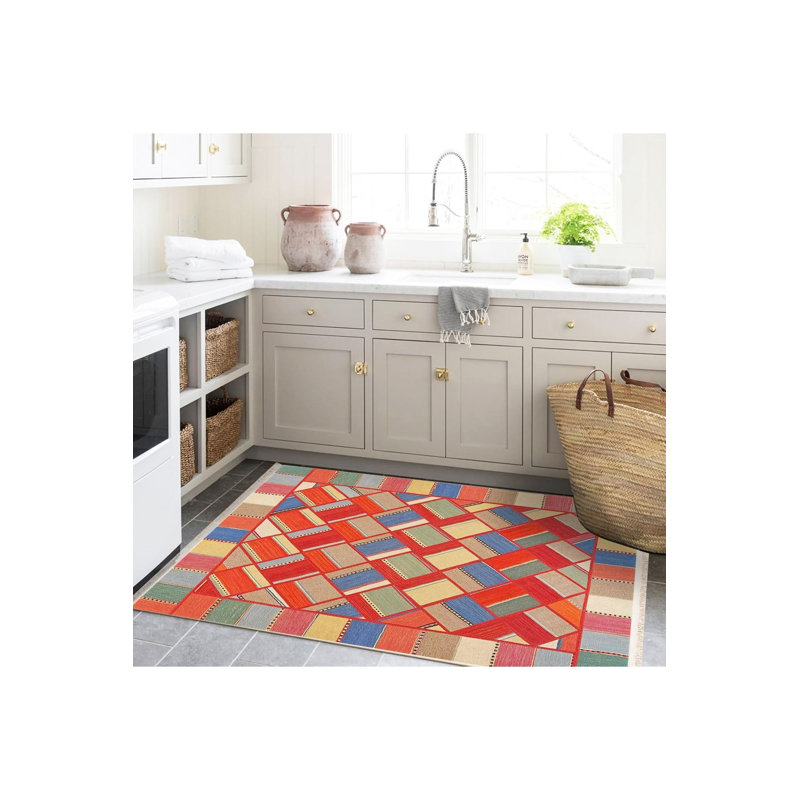 Tapis décoratif géométrique multicolore lavable à la machine, Sous-tapis rectangulaire de 3 pi 3 po x 4 pi 11 po