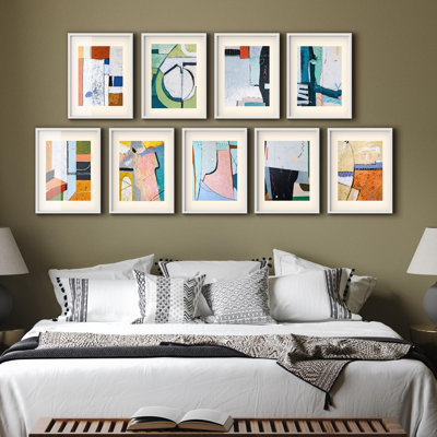 Framed Wall Art Collage Print Gallery Set, Colorful Symbol Polygon Variety Abstract Shapes Illustrations Modern Art Minimal Bohemian Ultra for Living Room, Office, Bedroom - 8"x10"x 9 White