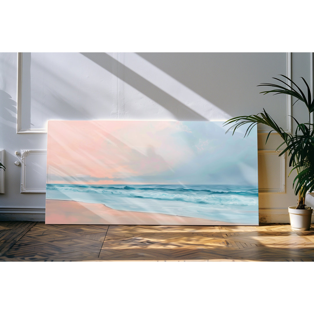 Leinwandbild gerahmt 120x60cm Abendrot Meer Ozean Strand Horizont Wellen Blau