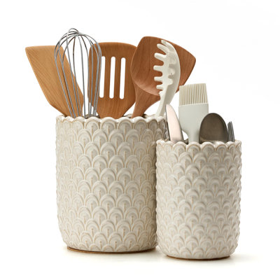 Porte-ustensiles, grand pot à ustensiles en céramique 7,5 po + 6,2 po pour comptoir, porte-ustensiles avec tapis en liège, organisateur d'ustensiles Morden, ensemble de 2, ivoire vieilli