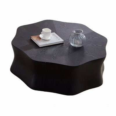 Coffee Table, With Fiberglass Surface Covered With Birch Wooden Grain Veneer In Watercolor Finish And Sprayed With Black Paint. The Sides Have A Brush