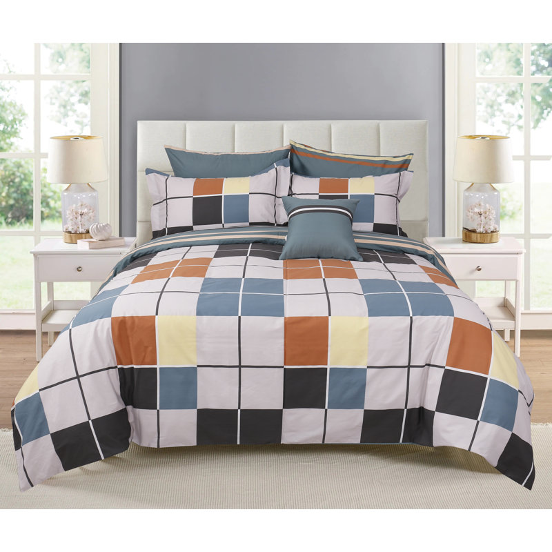 Ensemble de housse de couette réversible 100% coton bleu / blanc / orange 4 pièces