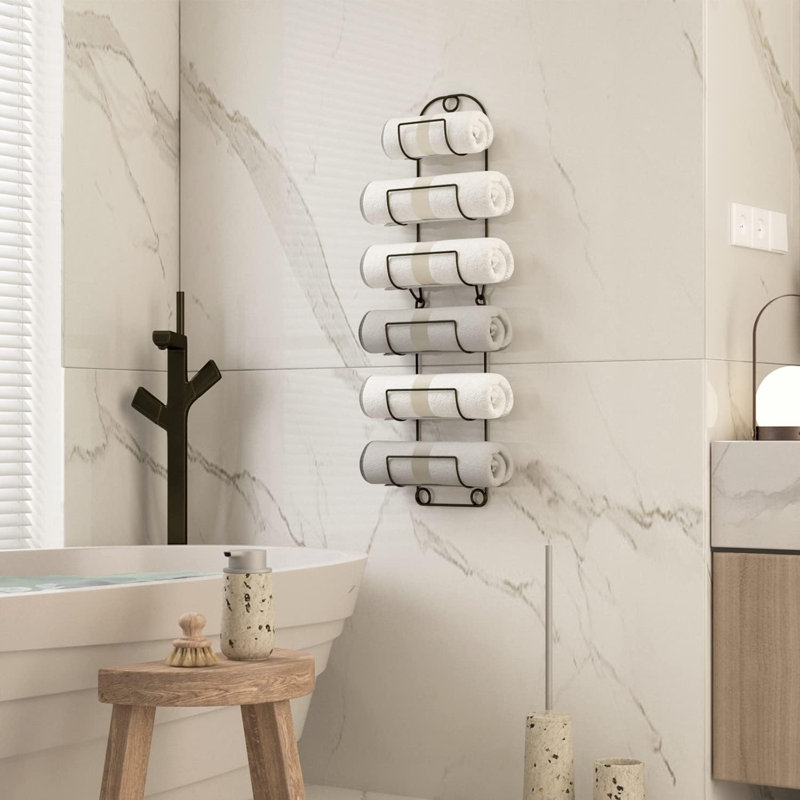 Porte-serviettes de salle de bain mural - Tablette en métal à 6 niveaux pour le rangement des serviettes et porte-bouteilles de vin - Design durable résistant à la rouille pour la décoration intérieure