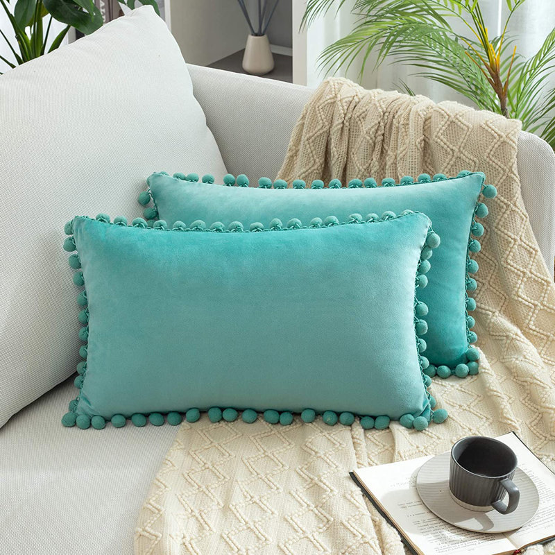 Housse de coussin lombaire en velours Pom Pom Velvet, Turquoise / vert