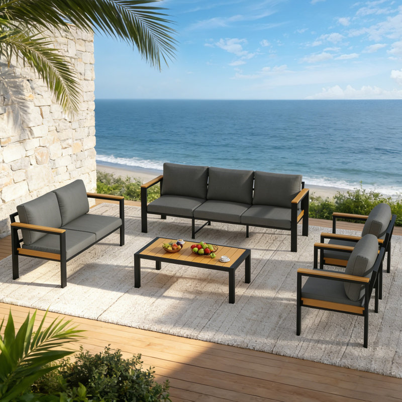 5PCS Patio Furniture Set, All-Weather Outdoor Conversation Set With Coffee Table, Gray