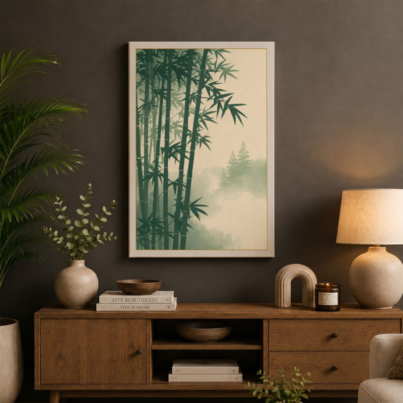 Quiet Bamboo Forest Japandi - Wrapped Canvas, 30x20 - 76.2 x 50.8 cm, Teal Border