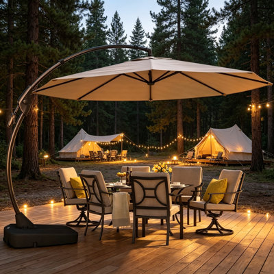 12-Foot Champagne-Colored Aluminum Cantilevered Octagonal Umbrella With A Luxurious Curved Design And Comes Standard With A Sturdy Base.