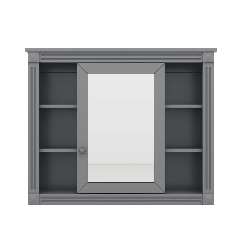 Armoire de salle de bain murale 35 po x 28 po avec miroir, comprenant 6 tablettes ouvertes, Gris