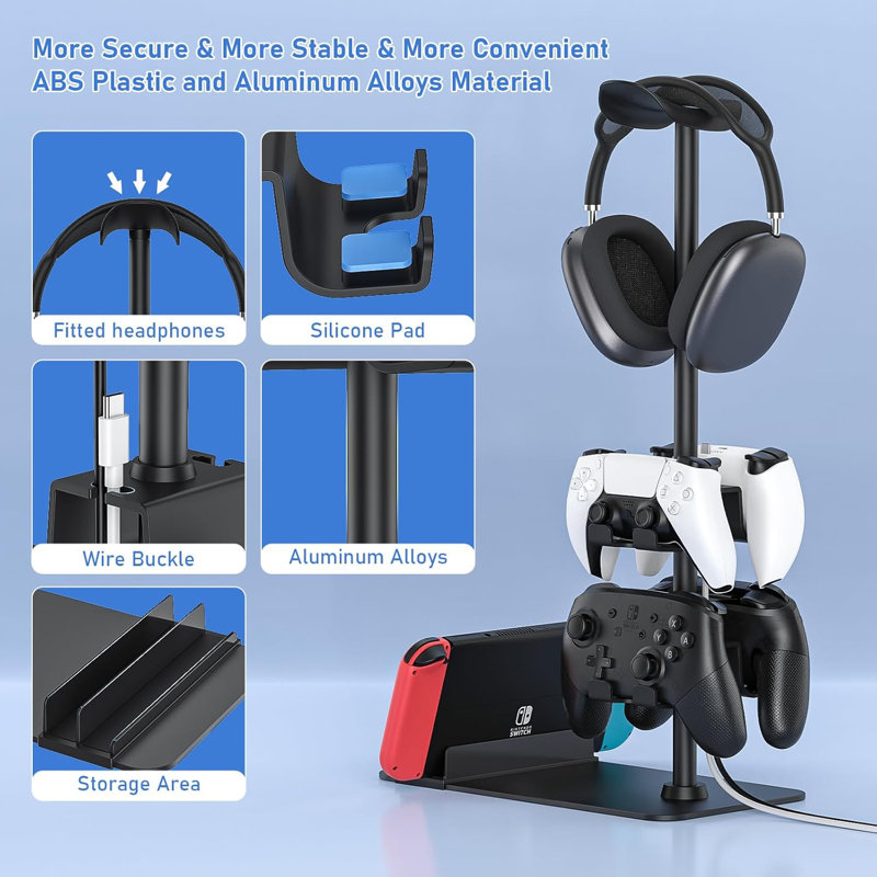 Headset Stand Controller Holder For 1 Headset And 4 Controller, Headphone Game Controller Stand For Desk, Gamer Gifts, Black