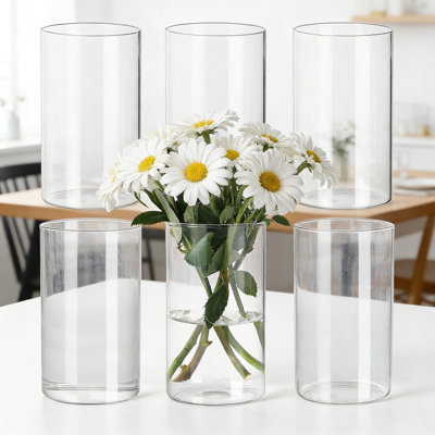 Set Of 6 Clear Glass Cylinder Vases For Centerpieces, 6 Inch Tall Hurricane Candle Holders, Minimalist Floral Vases For Wedding, Home, And Event Decor