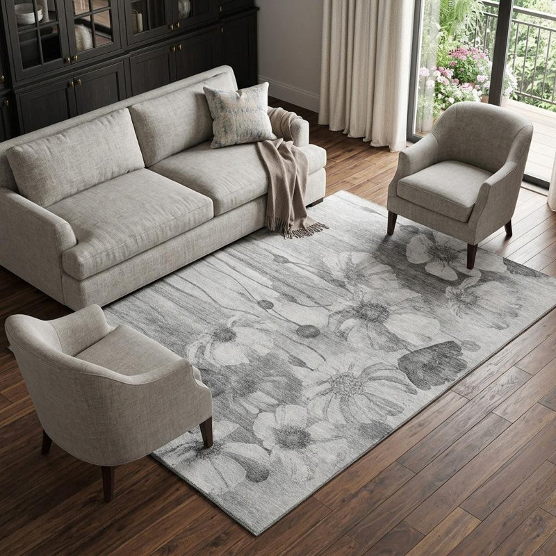 10' X 14' Gray And Silver Floral Washable Area Rug With UV Protection