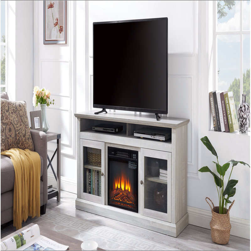 Meuble télé contemporain pour téléviseur de 65 po ou moins avec espace de rangement ouvert et fermé, gris pierre, l 60 po x P 15,75 po x H 29 po