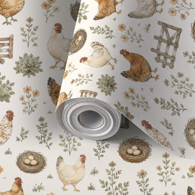 Peler et coller le papier de contact Papier de ferme de poules sans soudure à l'encre dessiné à la main Poulailler poules coqs auto-adhésif et amovible 24 po x 118 po