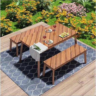 GO 3 Pieces Acacia Wood Table Bench Dining Set For Outdoor & Indoor Furniture With 2 Benches, Picnic Beer Table For Patio, Porch, Garden, Poolside