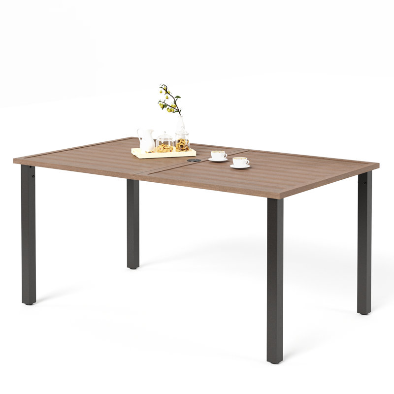 Rectangular Metal Outdoor Dining Table With Umbrella Hole , 152.4cm cm W 91.4cm cm D, Brown