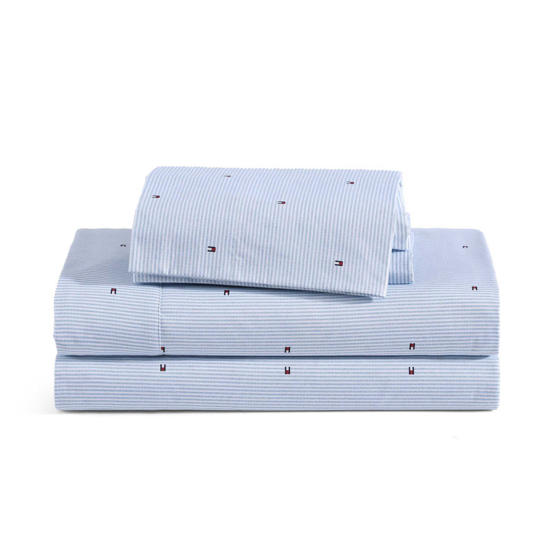 Tommy Hilfiger Printed Percale Cotton Sheet Set, Twin XL Sheet Set with 1 Pillowcase, Highland Ticking Stripe Green
