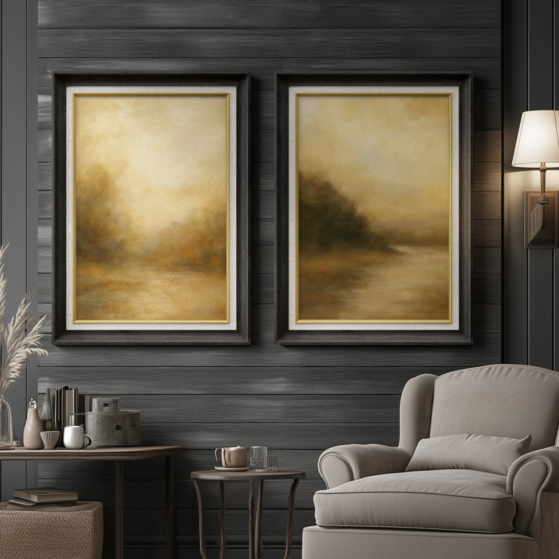 «Warm Misty Landscape Soft Transitional», ensemble de 2 reproductions d'art murales encadrées de qualité supérieure sur papier 26 po x 36 po