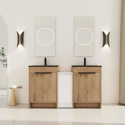 Meuble-lavabo pour salle de bain 60 po avec rangement et céramique noire - Design moderne, charnières de porte, base en contreplaqué et porte lisse de 60 po, armoire, autoportante