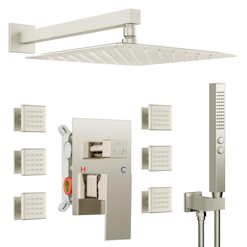 12" Rain Shower With Handheld And 6 Body Jets, Pressure Balance, Brushed Nickel