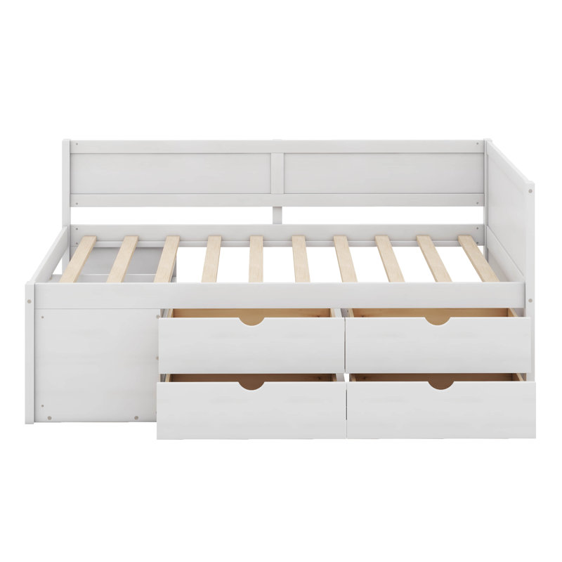 Lit de jour simple avec 4 tiroirs et tablettes de rangement, cadre de lit plateforme en bois avec tête de lit en L, lit d'angle