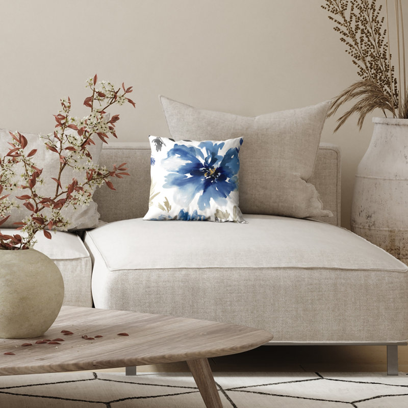 Floral Throw Pillow with Premium Polyester, White/Indigo, Square 14"H x 14"W