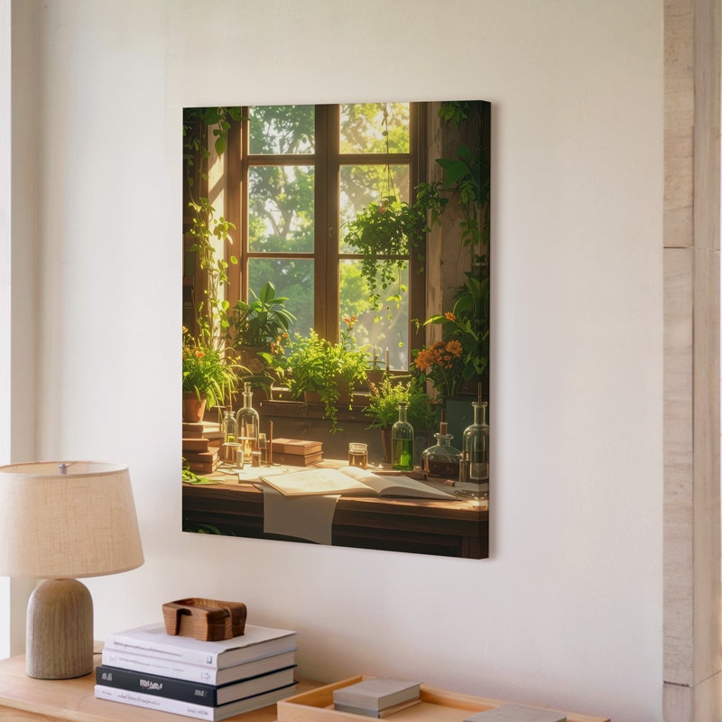 Un espace de travail intérieur douillet rempli de verdure vibrante baignée de lumière naturelle et chaleureuse sur toile, de qualité supérieure, prête à être accrochée