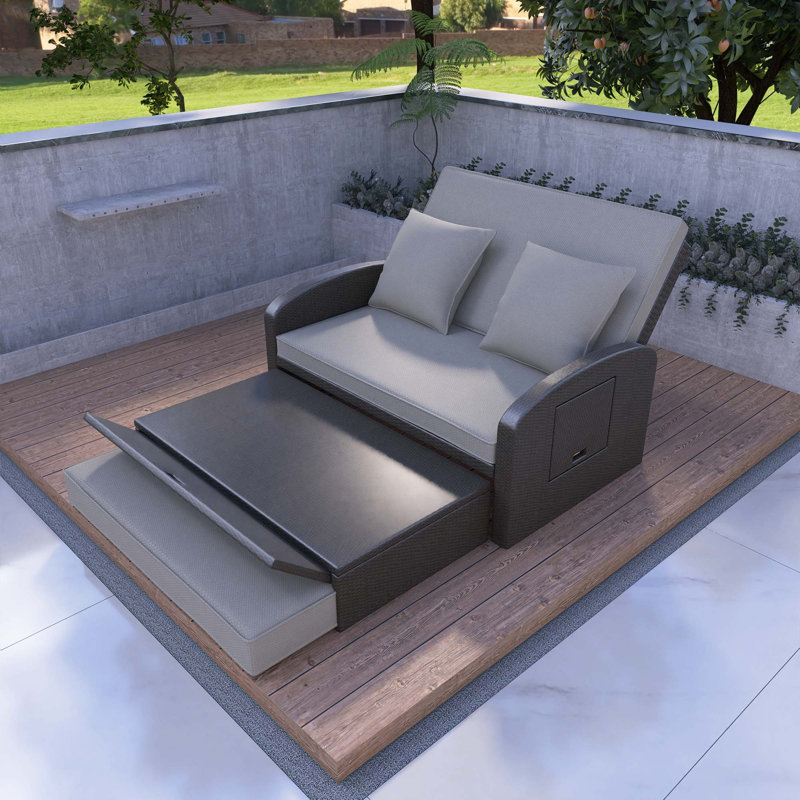Grey Wicker Rattan Double Chaise Lounge With Cushions, Gray Cushion/Dark Gray Frame