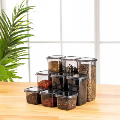 Elyssa Durable Storage Box Set (9 Pieces), Anthracite Color, 3 x 4 x 3.7 in (550 ml), 3 x 4 x 6.5 in (1200 ml), 3 x 4 x 9.6 in (1750 ml) | 100% Plastic, BPA Free, Dishwasher Safe | Ideal for Organizing Home & Office