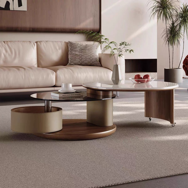 31.5" Modern Multifunctional Rotating Coffee Table, Faux Marble Glossy Table top, Saddle Leather Swivel Drawer